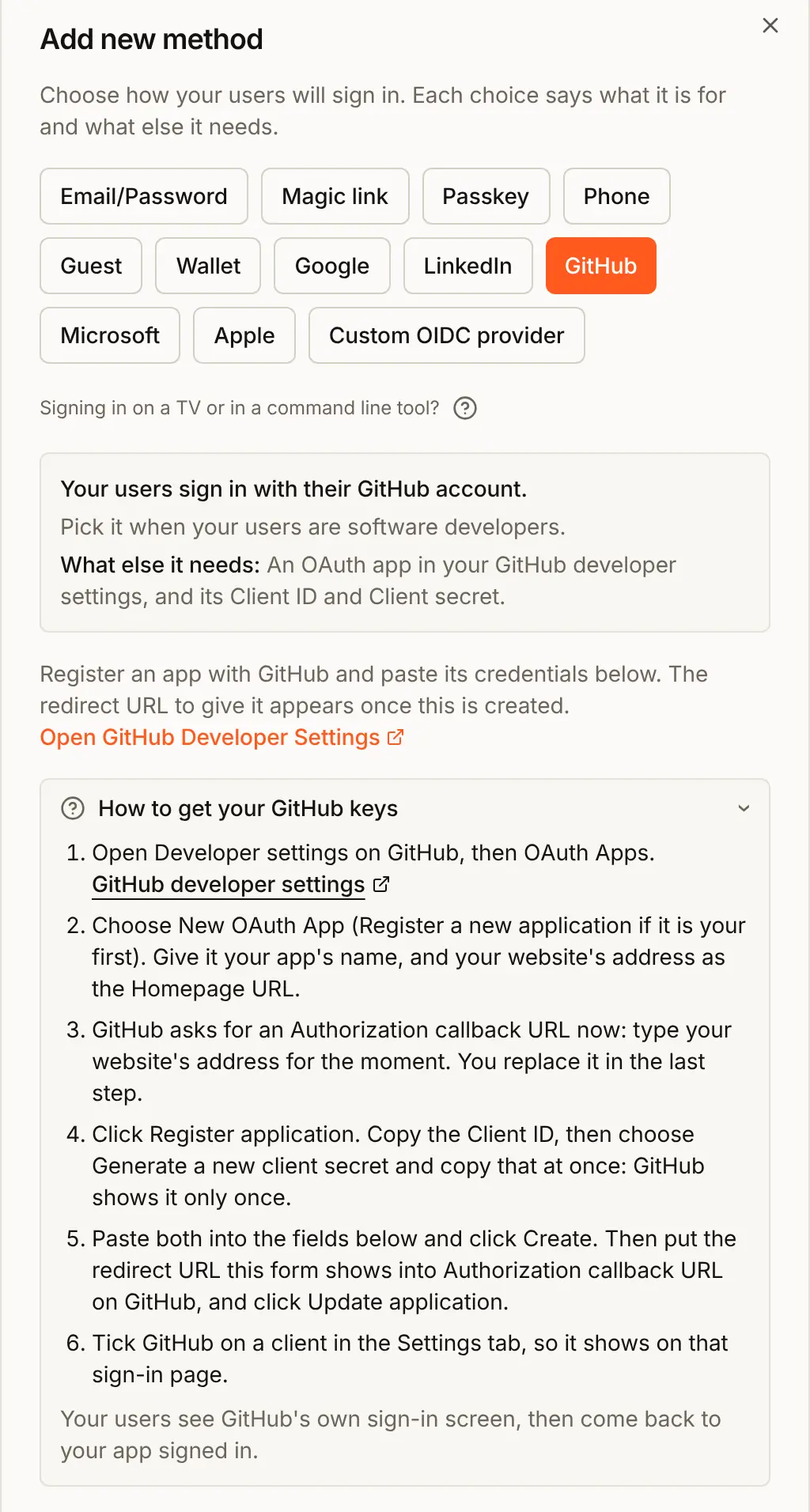 The Add new method dialog with GitHub chosen, and the open guide How to get your GitHub keys with its six steps