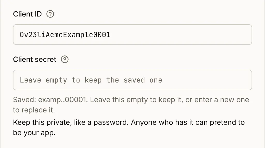 Editing the GitHub method: the Client ID as saved, and under Client secret the note Saved, followed by the first and last five characters of the secret, with Leave this empty to keep it