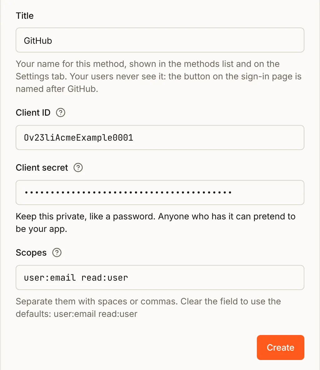 The GitHub form filled in: Title GitHub, Client ID Ov23liAcmeExample0001, Client secret hidden as dots, and the default scopes user:email and read:user