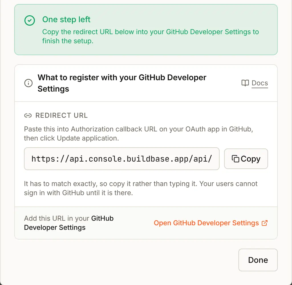 After Create: One step left, and the Redirect URL box with the address to paste into Authorization callback URL on GitHub