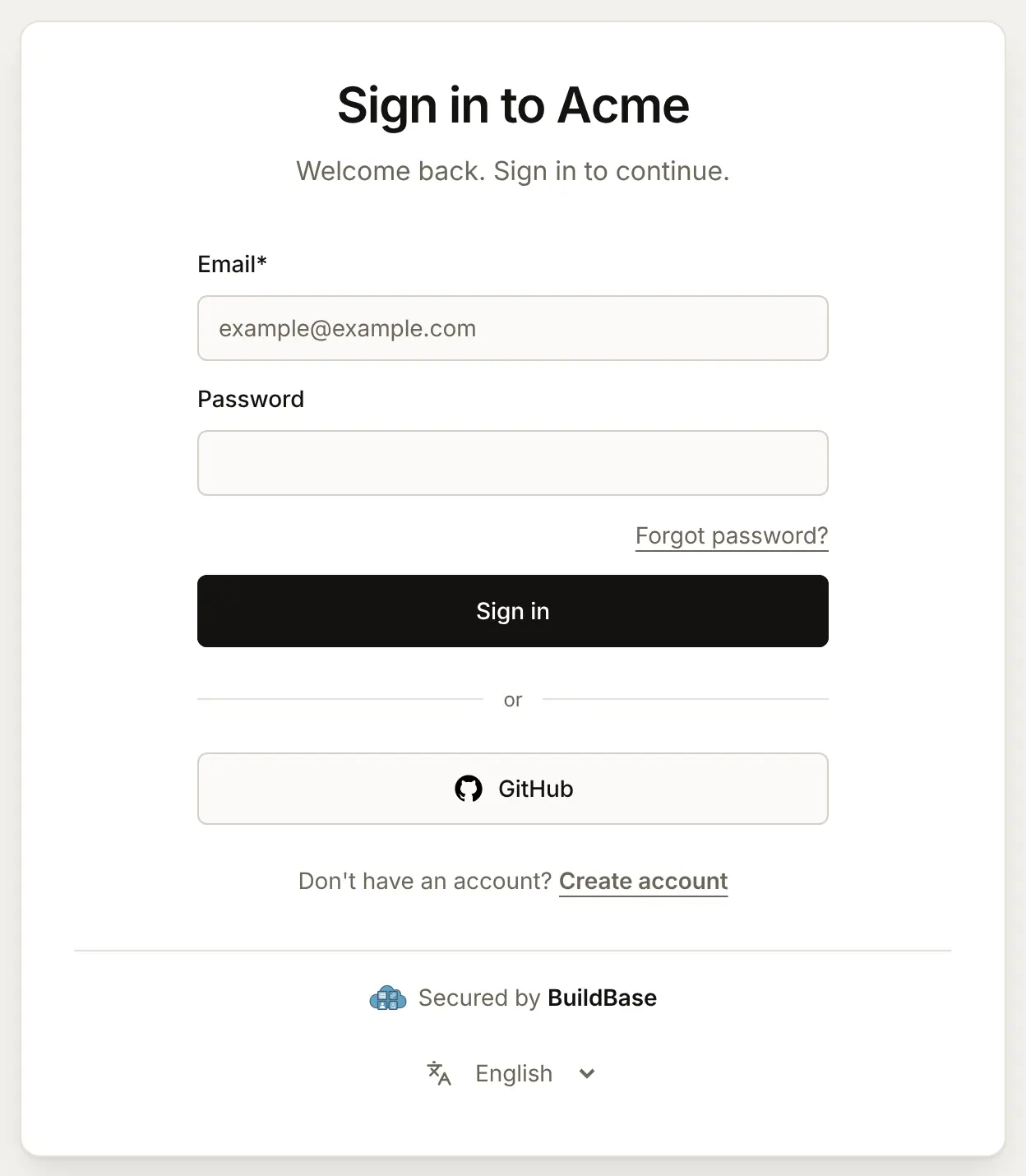 The hosted sign-in page Sign in to Acme, with the email and password form and, under or, a GitHub button