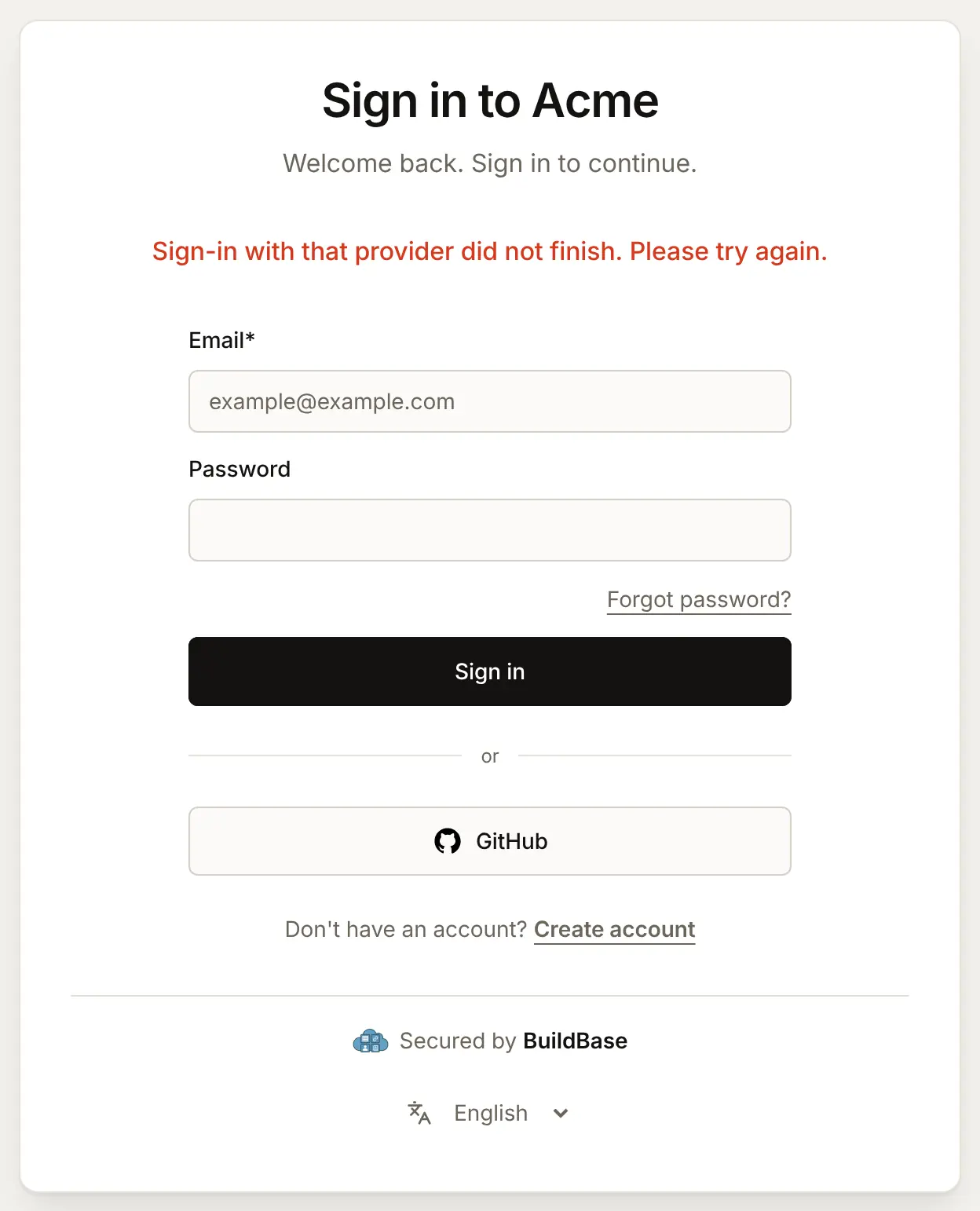 The sign-in page back from GitHub with the message Sign-in with that provider did not finish. Please try again. above the form, which is still there to try again