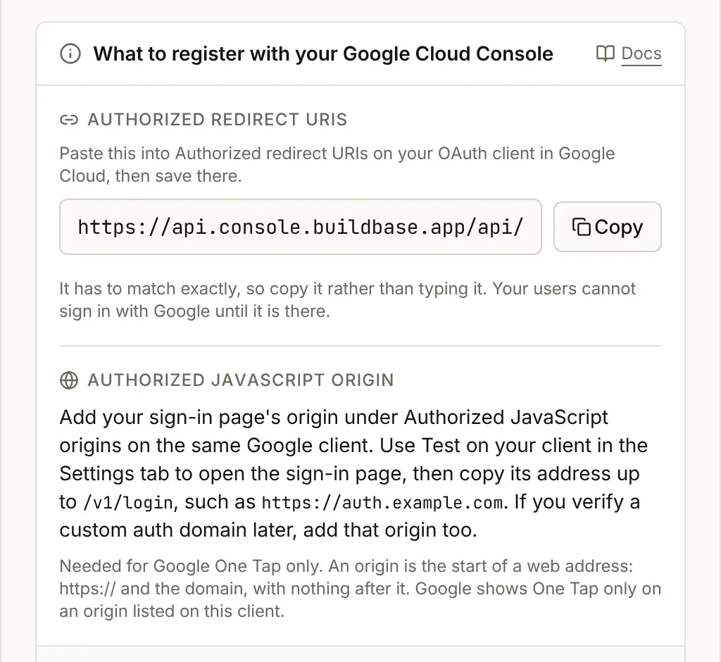 The Google method in the console with One Tap on: the Authorized redirect URIs box as before, then Authorized JavaScript origin, saying to add the sign-in page origin, such as https://auth.example.com, on the same Google client