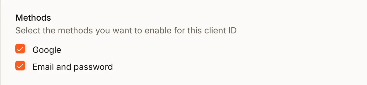 The Edit auth setting sheet for Acme Analytics, at Methods: Google ticked beside Email and password