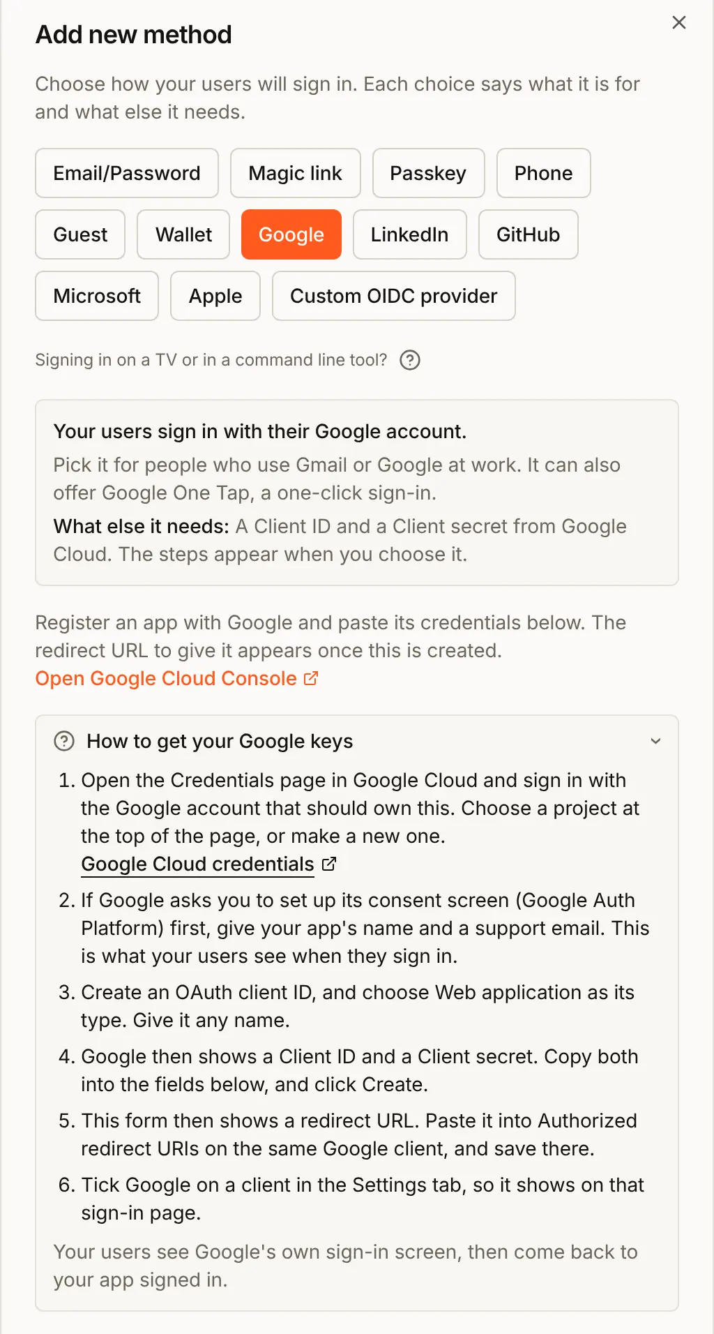 The Add new method dialog with Google chosen: a line on what Google sign-in is for, and the open guide How to get your Google keys with its six steps