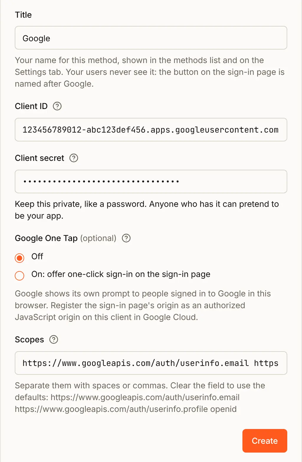 The Google form filled in: Title Google, Client ID 123456789012-abc123def456.apps.googleusercontent.com, Client secret hidden as dots, Google One Tap Off, and the three default scopes