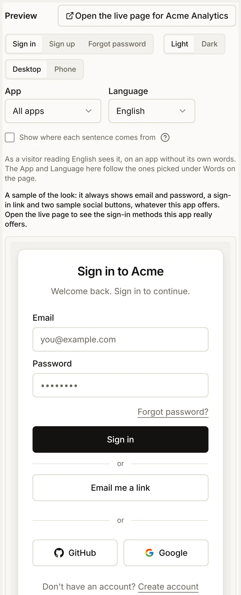 The Preview on the Sign-in page tab, with the button Open the live page for Acme Analytics, and a sample sign-in card whose social buttons are always GitHub and Google
