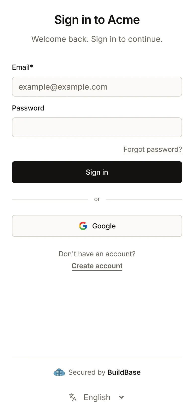 The same sign-in page on a phone 390 pixels wide, with the Google button across the full width under the form