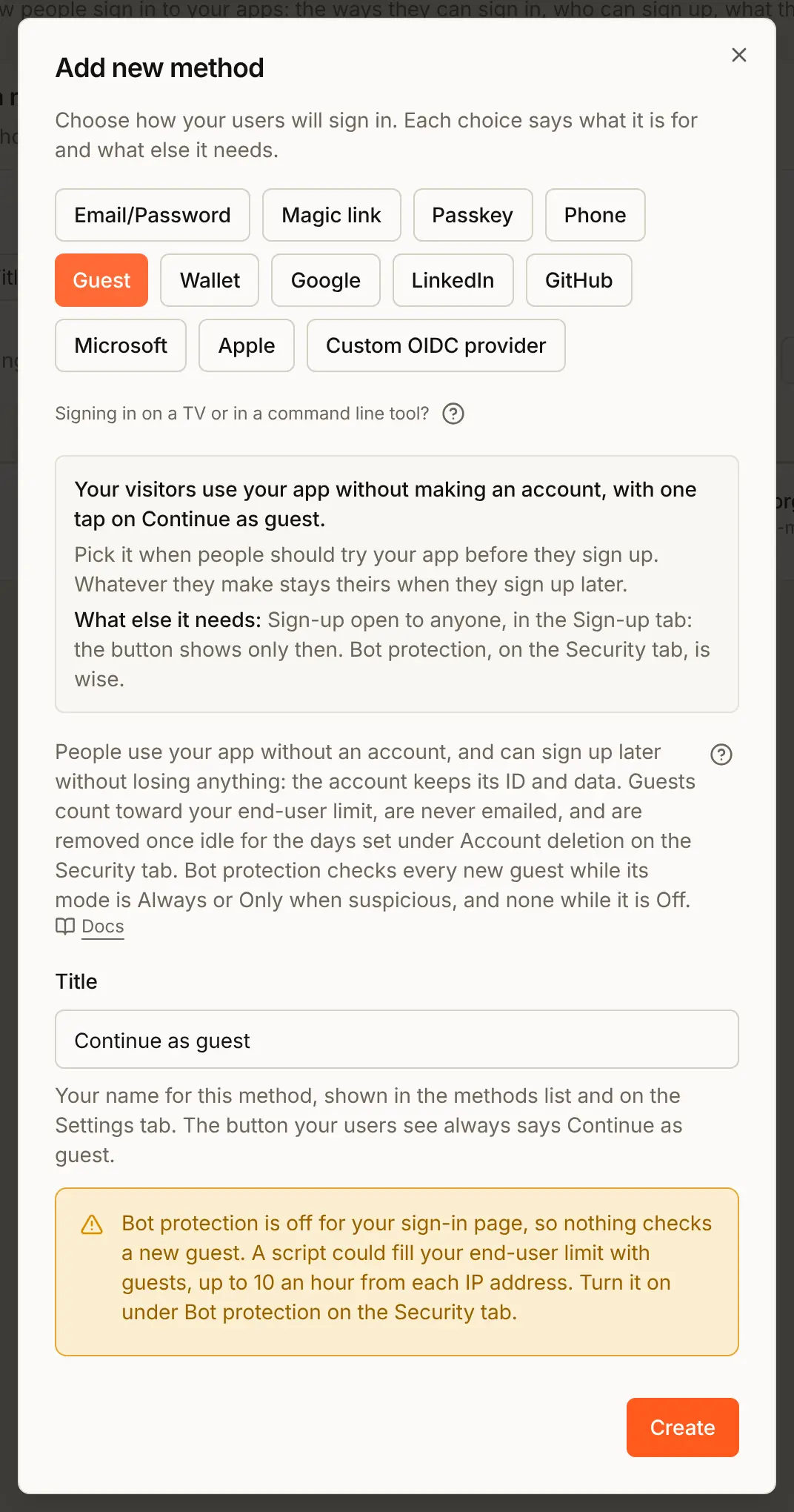 The Add new method dialog in the console with Guest chosen: what it is for, what else it needs, a Title box reading Continue as guest, a warning that bot protection is off, and the Create button