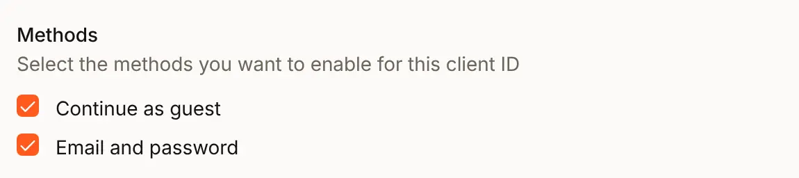 The Methods list in the Edit auth setting sheet for Acme Analytics, with Email and password and Continue as guest both ticked