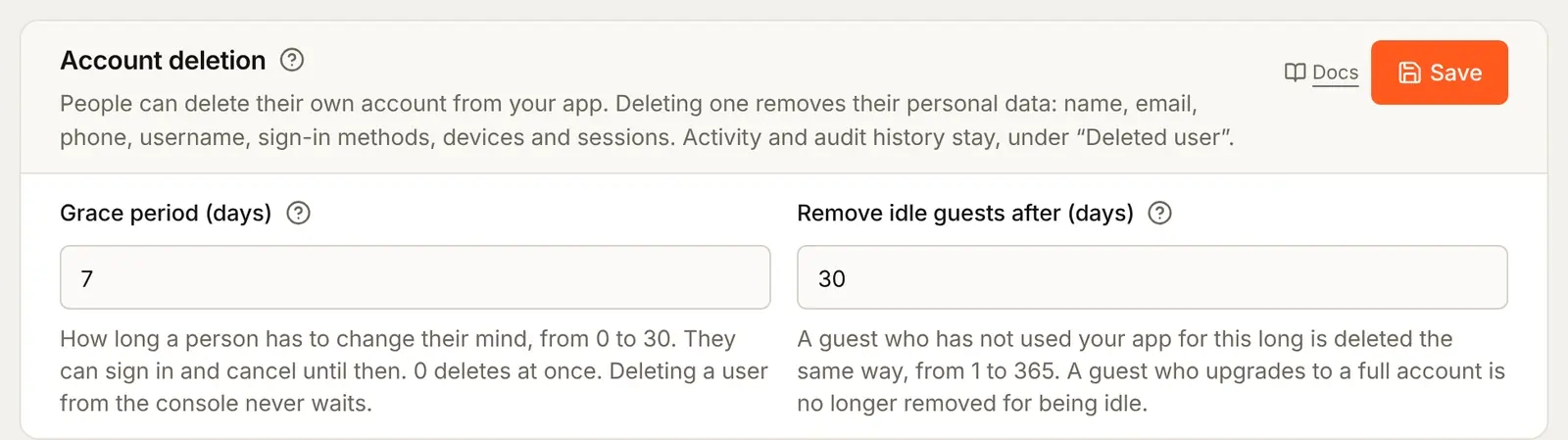 The Account deletion card on the Security tab: Grace period (days) and Remove idle guests after (days) set to 30, with what each one does