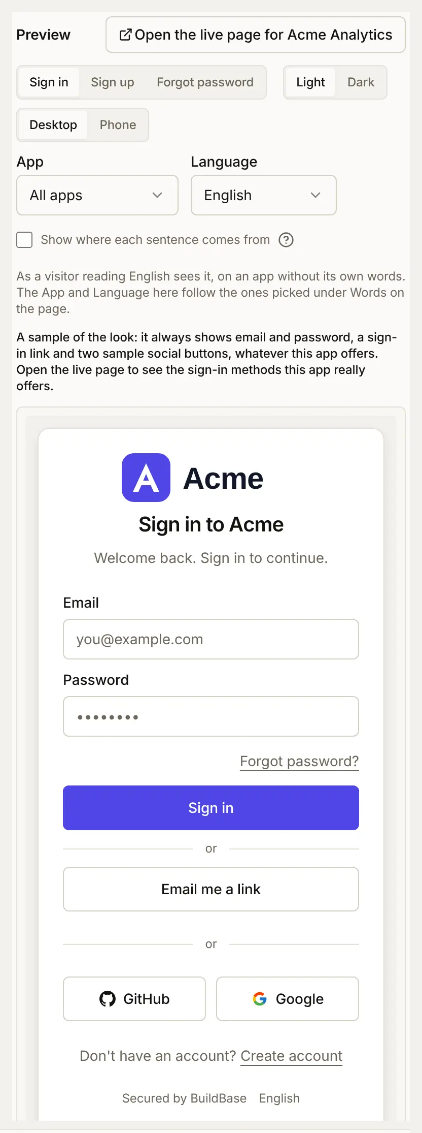The Preview beside the sign-in page settings: an Open the live page for Acme Analytics button above a sample sign-in card with the Acme logo