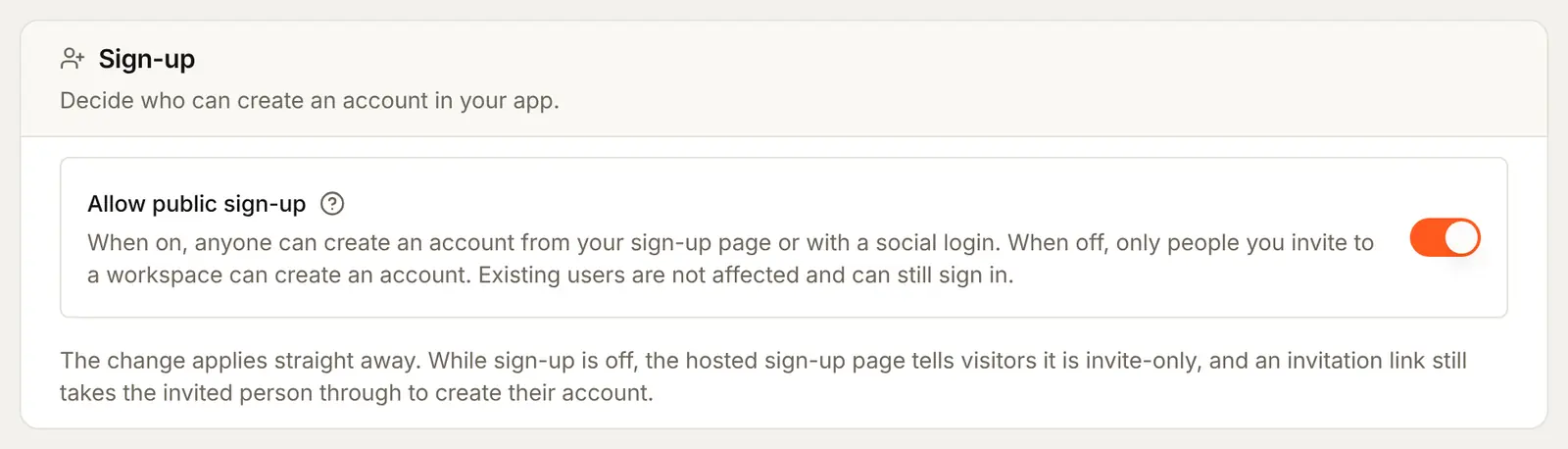 The Sign-up tab in the console: the Sign-up card with Allow public sign-up switched on, which Continue as guest needs