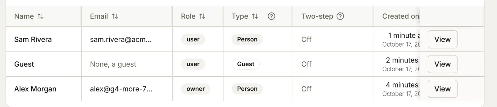 The Users list in the console: Sam Rivera, the former guest, now a Person with an address, a row named Guest with None, a guest in the Email column and a Guest badge as its Type, and the owner