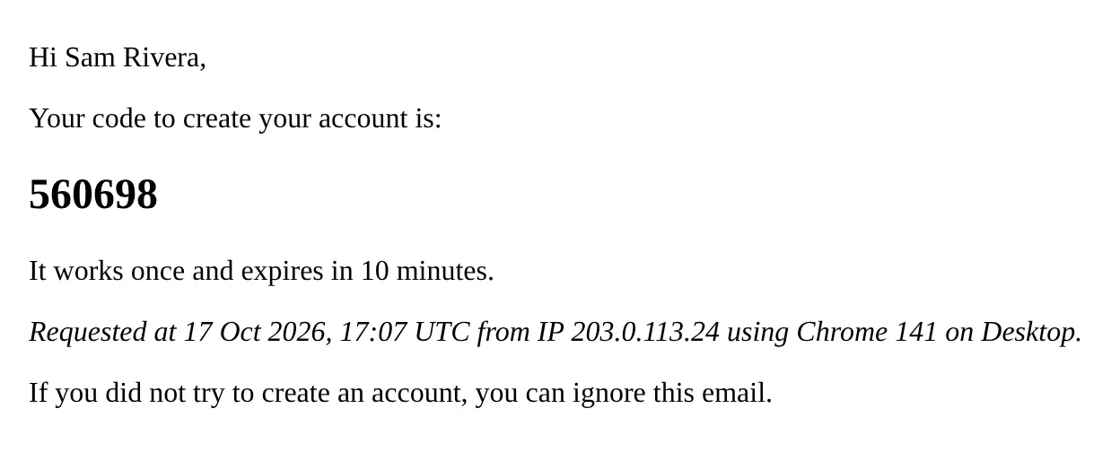 The email the guest gets, subject "Your sign-in code for Acme": Hi Sam Rivera, a 6-digit sign-in code that works once and expires in 10 minutes, and when and from where it was asked for