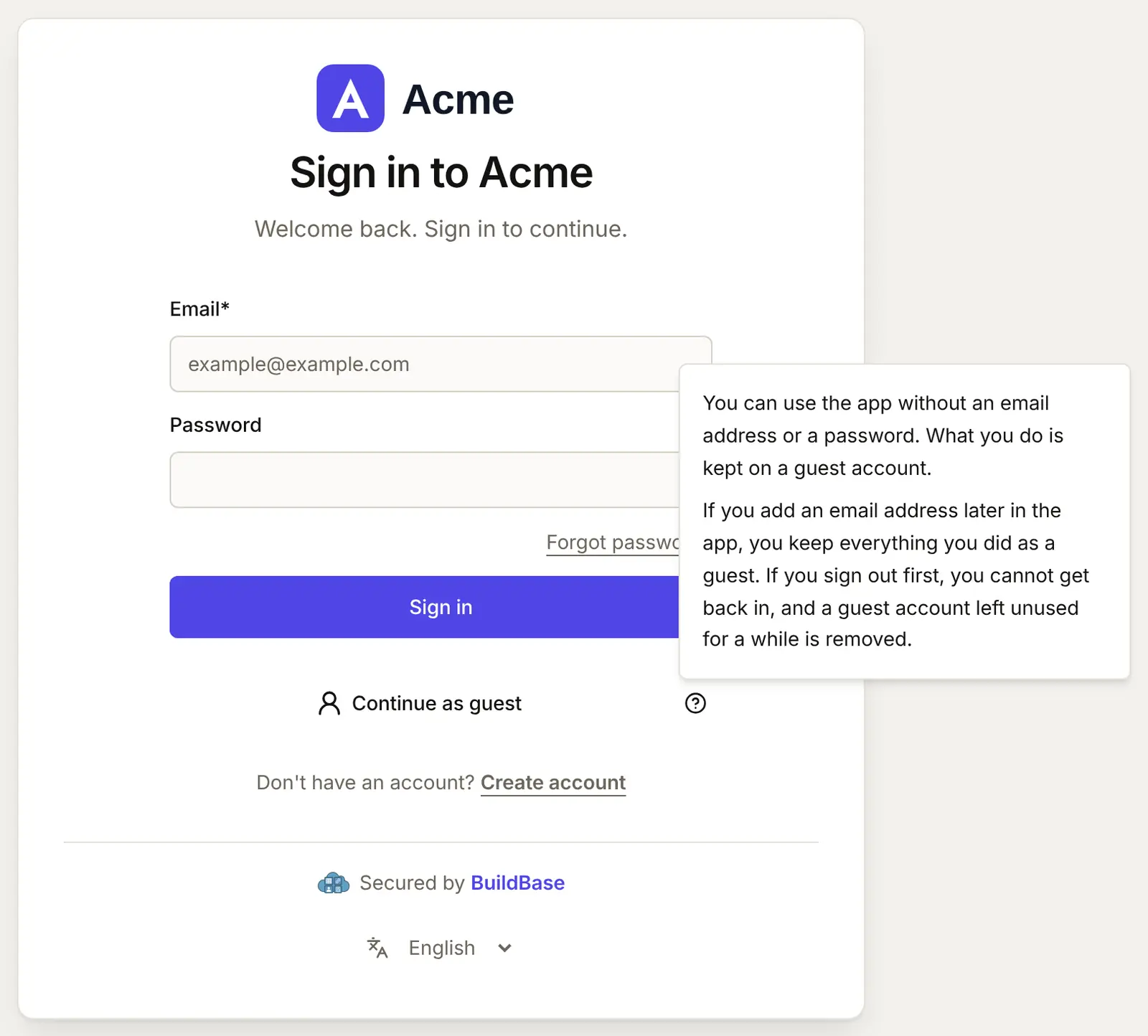 The question mark beside Continue as guest, open: you can use the app without an email address or a password, adding an address later in the app keeps everything, and signing out first loses the guest account
