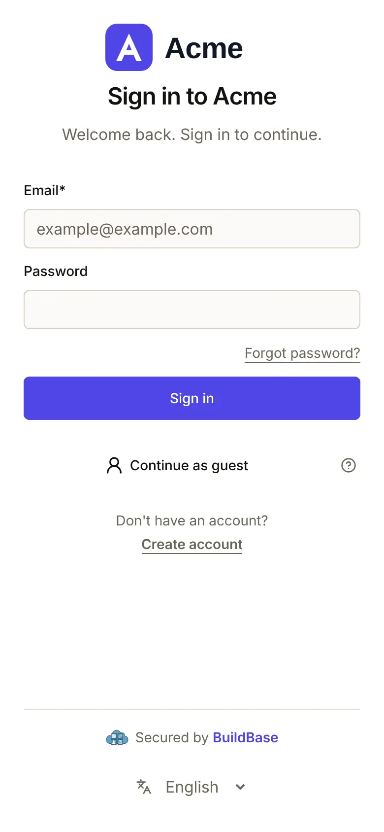 The Acme sign-in page on a phone: email and password, Sign in, then Continue as guest with a question mark beside it, and Create account below