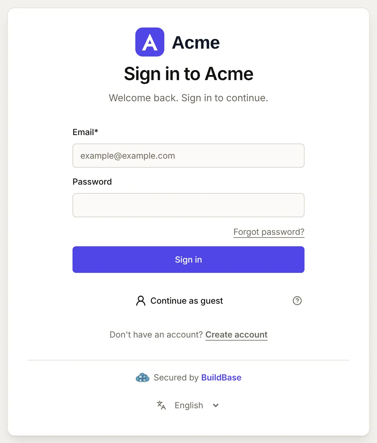 The live sign-in page for Acme opened from the preview: email and password, then Continue as guest at the bottom of the card