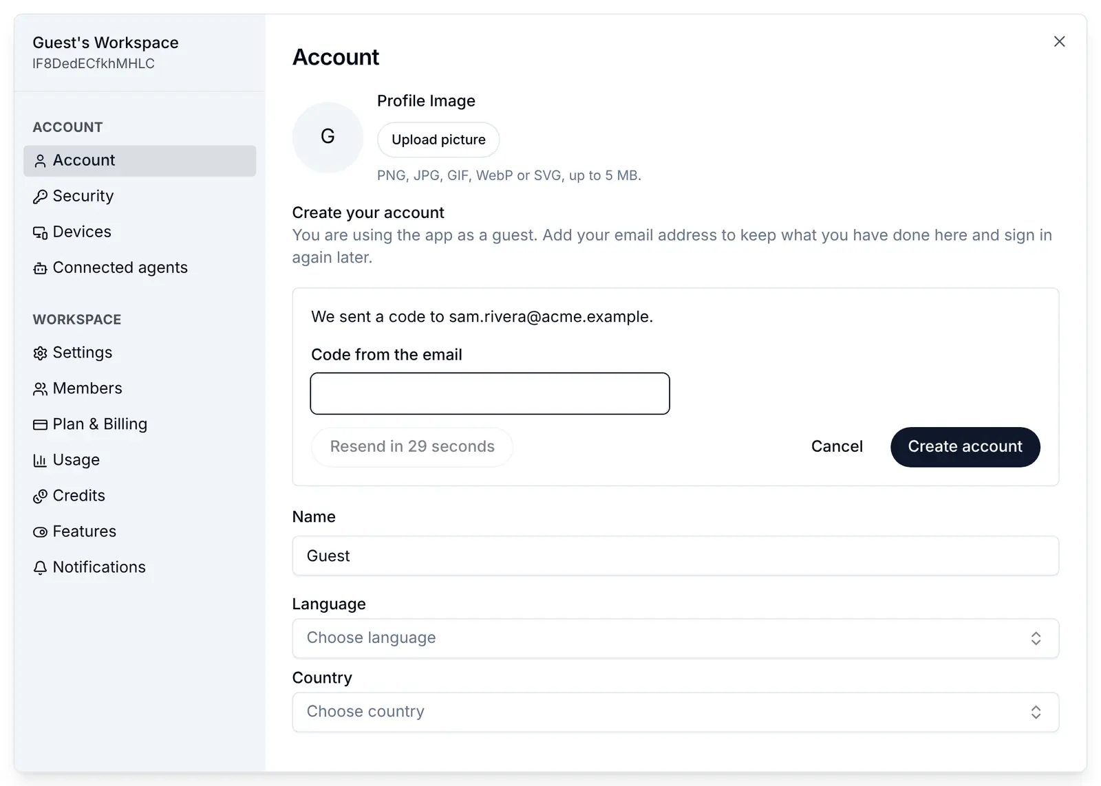 Create your account after Send code: We sent a code to sam.rivera@acme.example, a Code from the email box, Create account, and Resend counting down