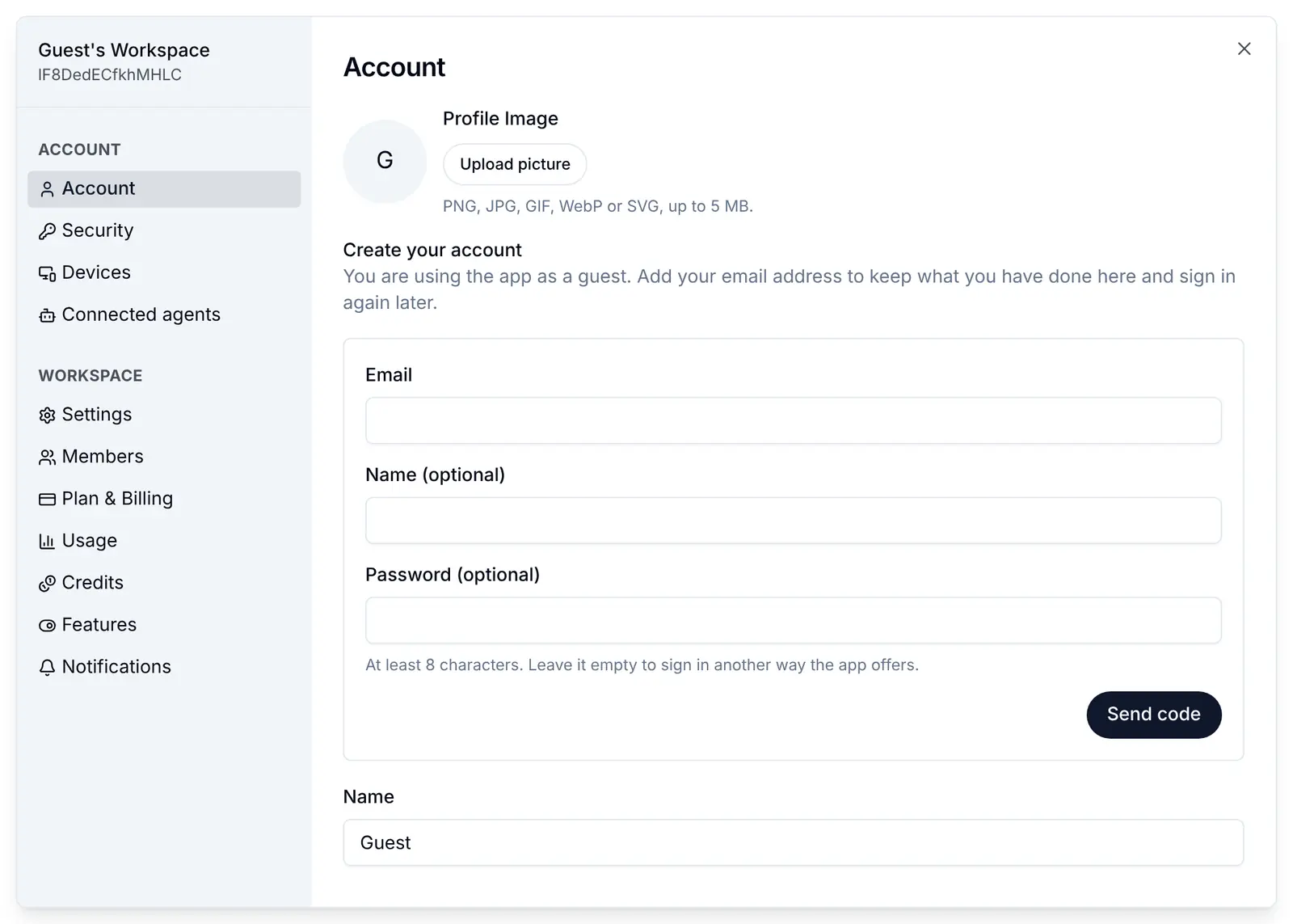 The Account screen of the settings dialog in the app, for a guest: Create your account, with Email, Name (optional) and Password (optional) boxes and a Send code button, in place of the email address