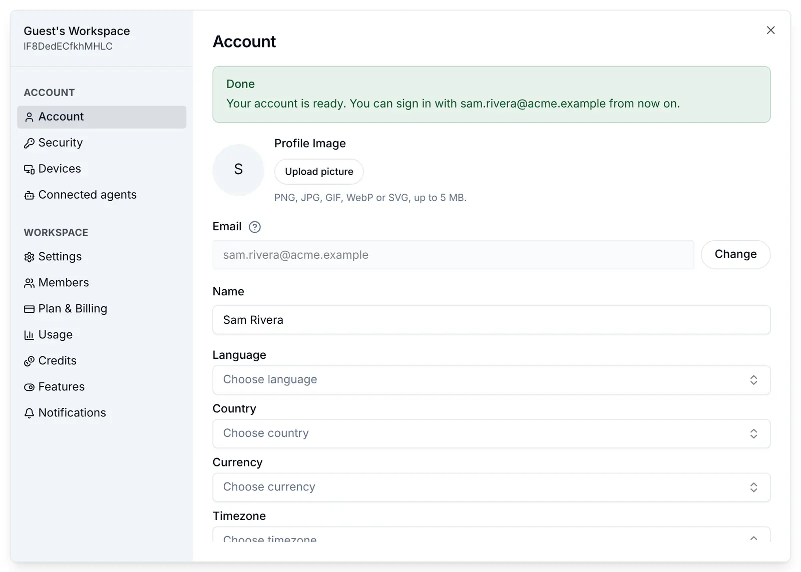 The Account screen after the code: Your account is ready. You can sign in with sam.rivera@acme.example from now on, and the profile now shows the address