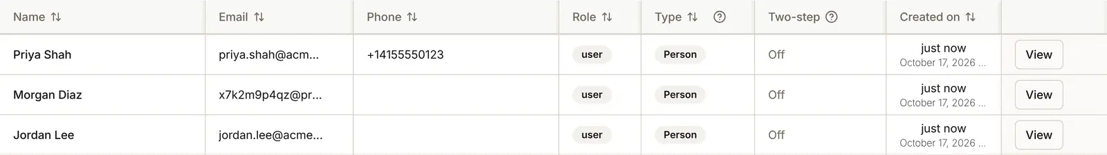 The Users list in the console after the import, with Priya Shah and her phone number, Jordan Lee and Morgan Diaz