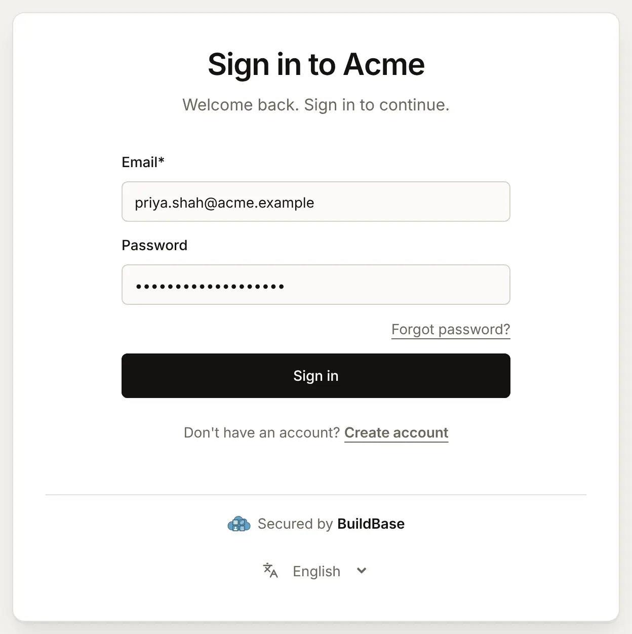 The hosted sign-in page with priya.shah@acme.example and her password from the old system typed in, ready to Sign in