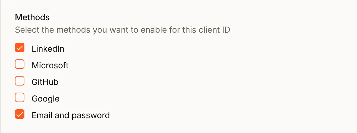 The Edit auth setting sheet for Acme Analytics, at Methods: LinkedIn ticked beside Email and password