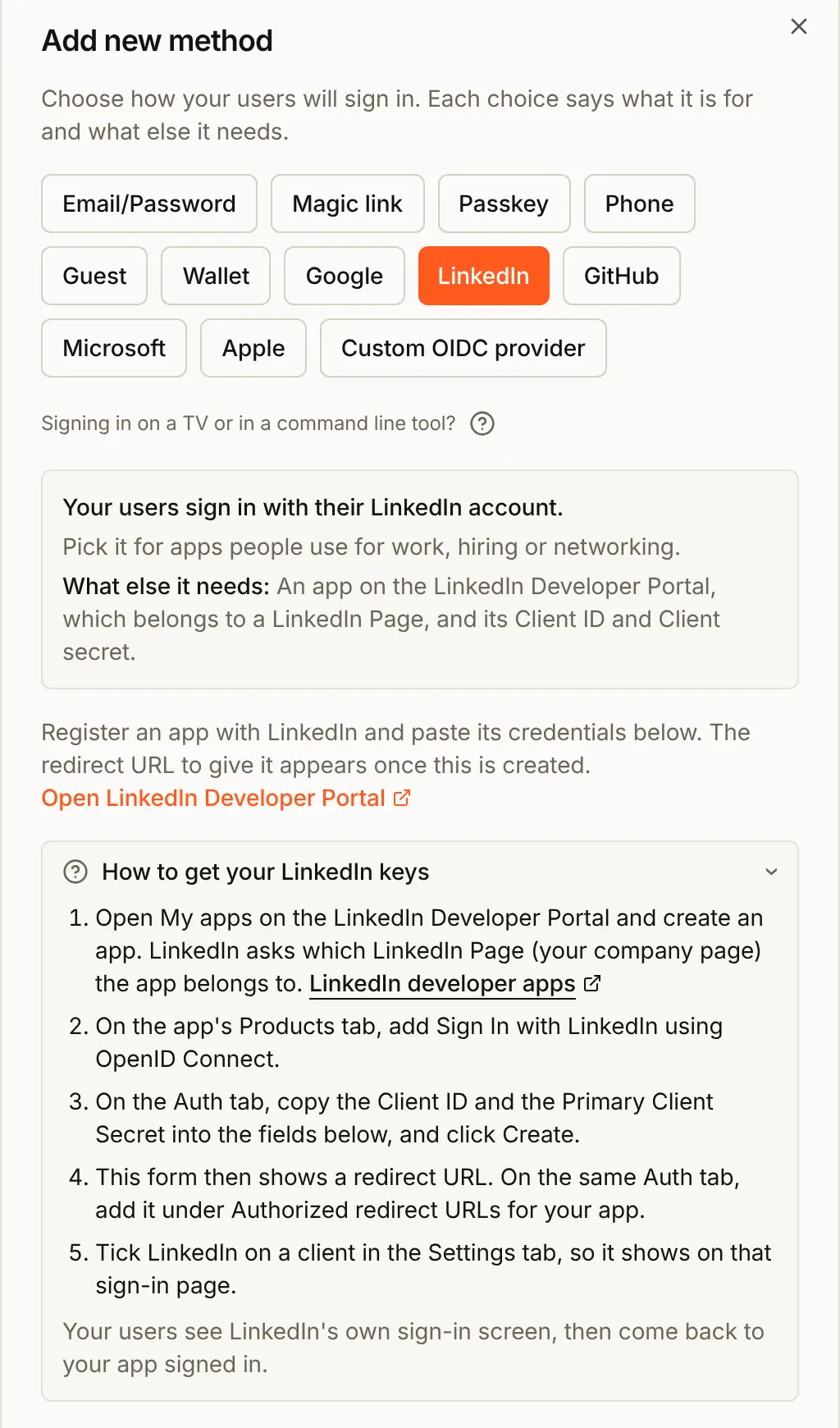 The Add new method dialog with LinkedIn chosen, and the open guide How to get your LinkedIn keys with its five steps
