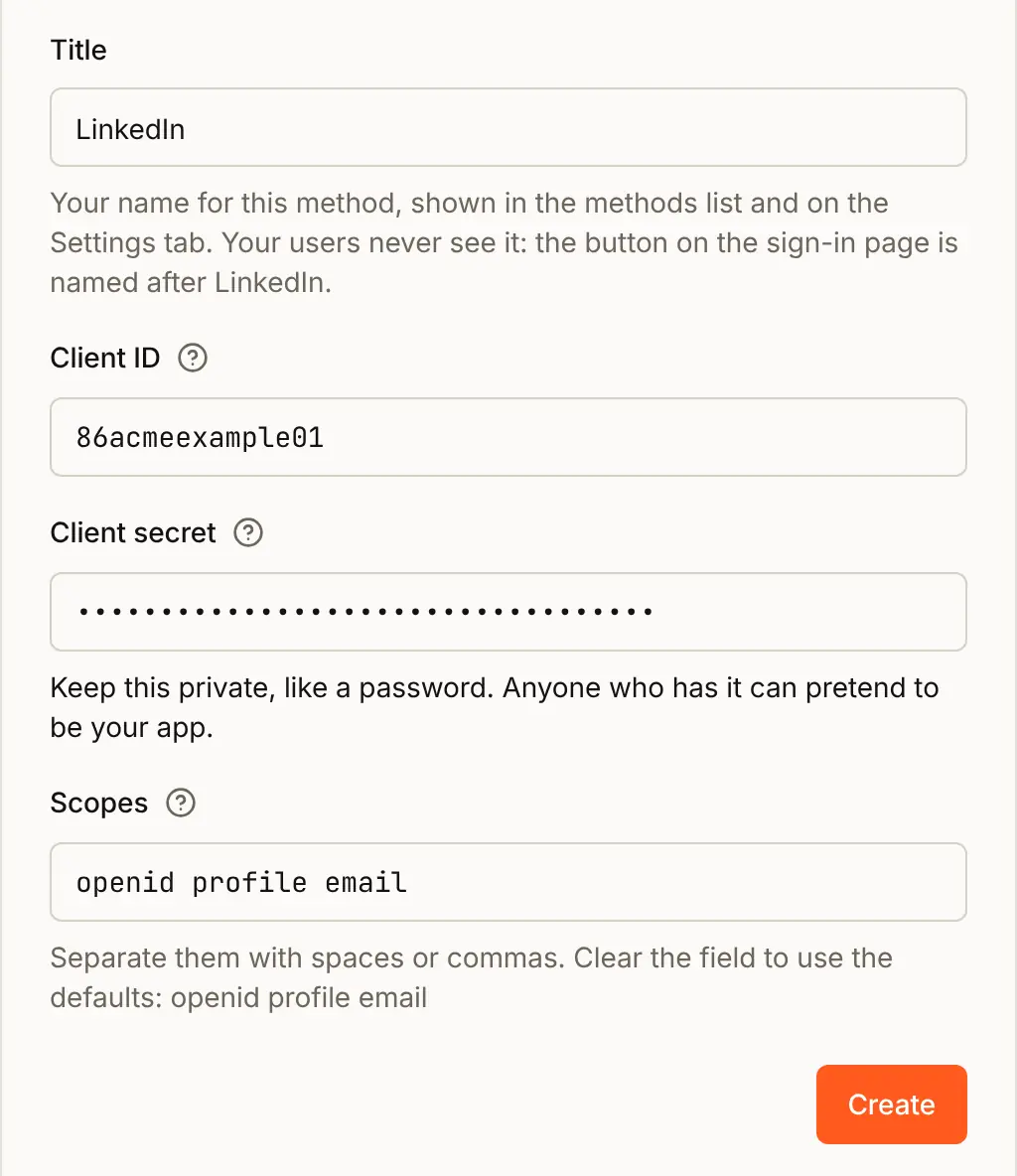The LinkedIn form filled in: Title LinkedIn, Client ID 86acmeexample01, Client secret hidden as dots, and the default scopes openid profile email
