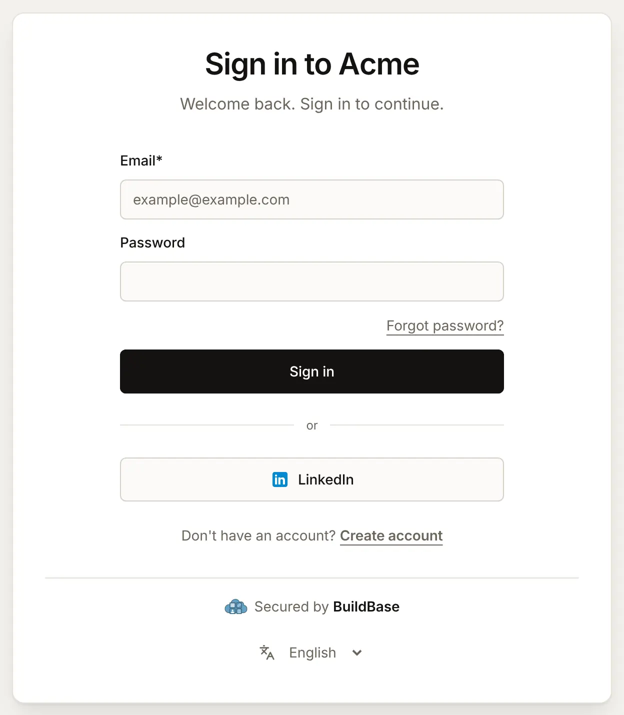 The hosted sign-in page Sign in to Acme, with the email and password form and, under or, a LinkedIn button