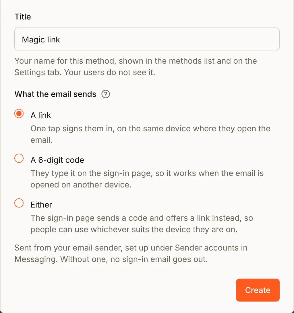 The Magic link form in the Add new method dialog: Title "Magic link", then What the email sends with three choices, A link, A 6-digit code and Either, each with one line on when it suits, a note that it is sent from your email sender under Sender accounts in Messaging, and a Create button