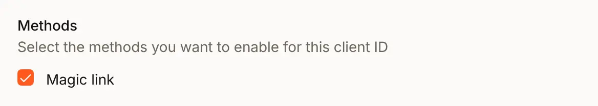 The Methods list in the Edit auth setting sheet for Acme Analytics, with Magic link ticked