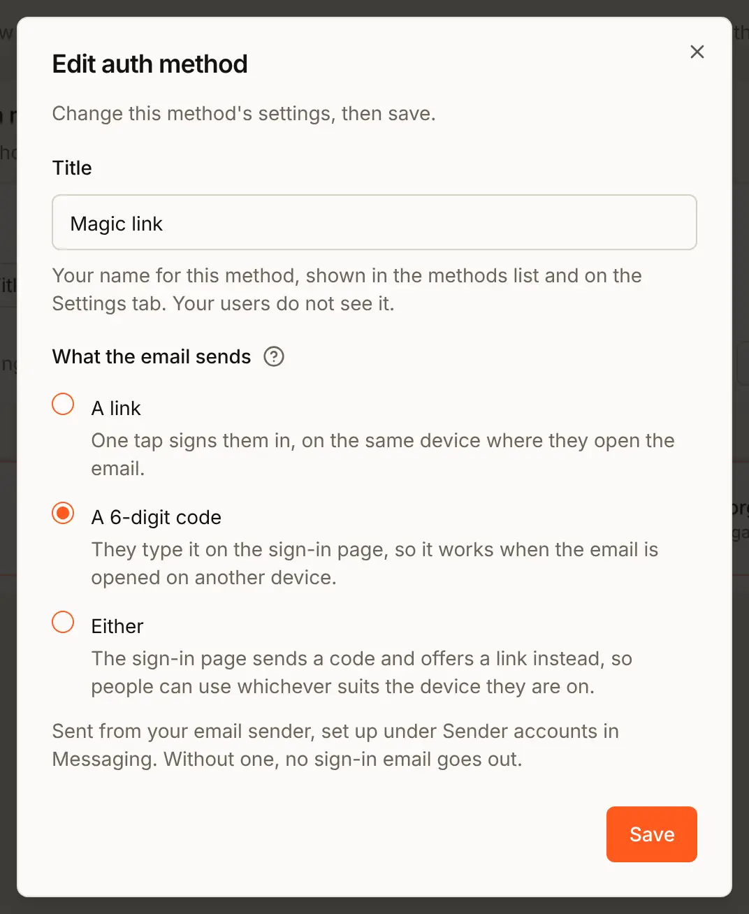 The Edit auth method dialog for Magic link with A 6-digit code chosen under What the email sends, and a Save button