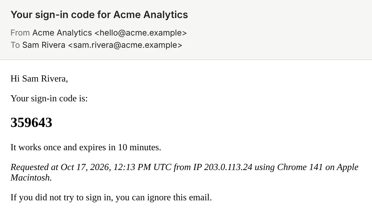 The sign-in code email, subject "Your sign-in code for Acme Analytics", from Acme Analytics at hello@acme.example, with the 6-digit code