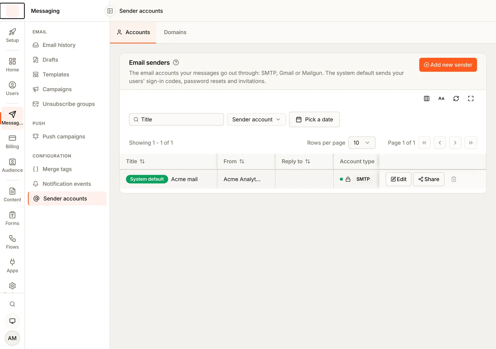 Messaging, Sender accounts in the console: the Email senders card says the system default sends your users' sign-in codes, password resets and invitations, and lists one sender, Acme mail, marked System default, an SMTP account sending from Acme Analytics