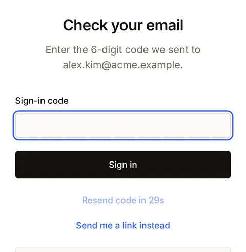 The code screen on a phone: the code box across the full width, so the code can be typed from the email app on the same phone