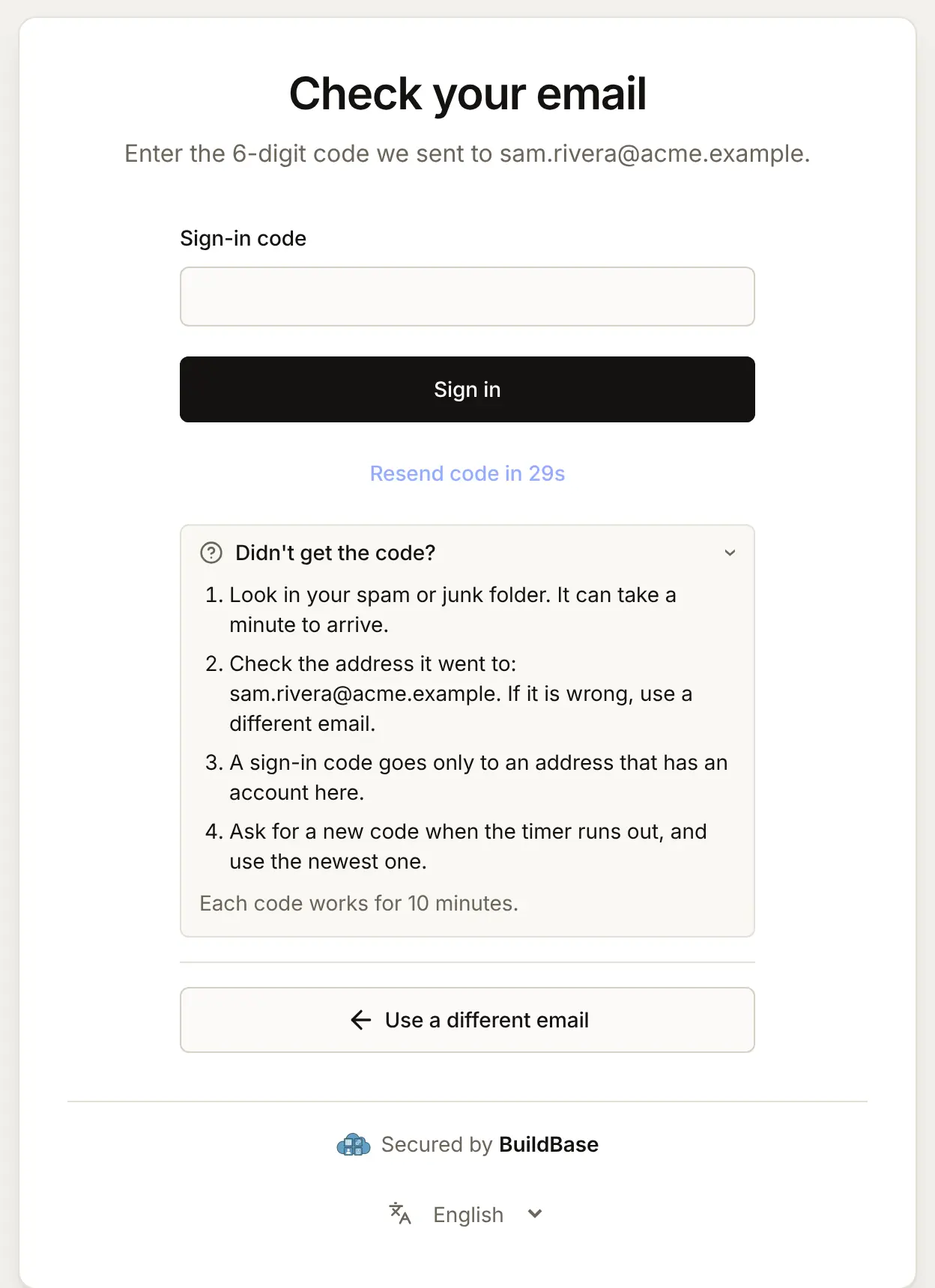 The code screen: "Enter the 6-digit code we sent to sam.rivera@acme.example", a Sign-in code box, Resend code with a timer, and "Didn't get the code?" open with what to check: the spam folder, the address, that codes go only to addresses with an account, and that each code works for 10 minutes
