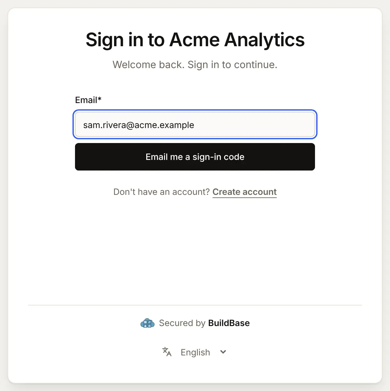 The sign-in page when the method sends a code: an Email box with sam.rivera@acme.example and an Email me a sign-in code button