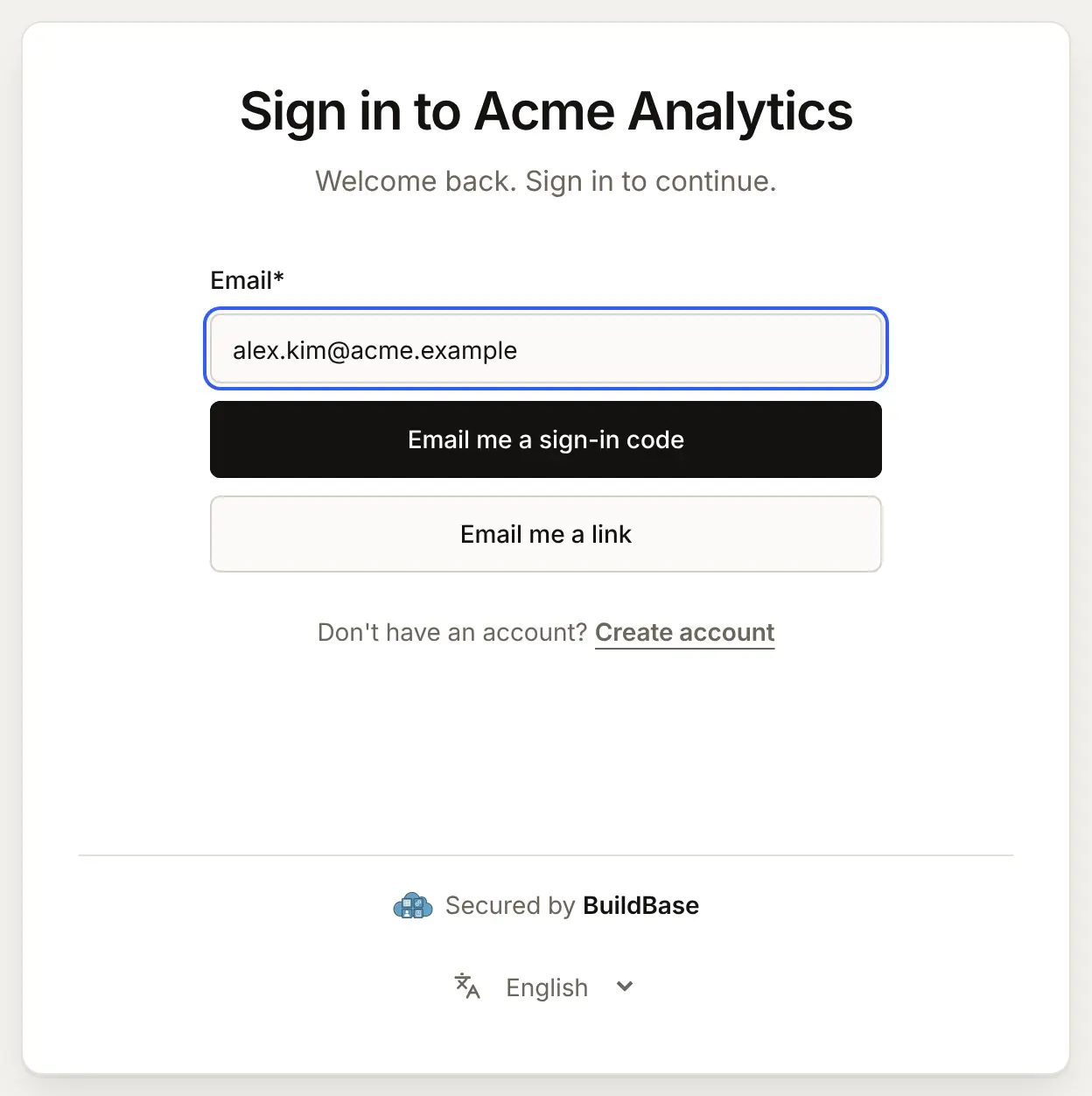 The sign-in page when the method sends either: Email me a sign-in code, and under it Email me a link