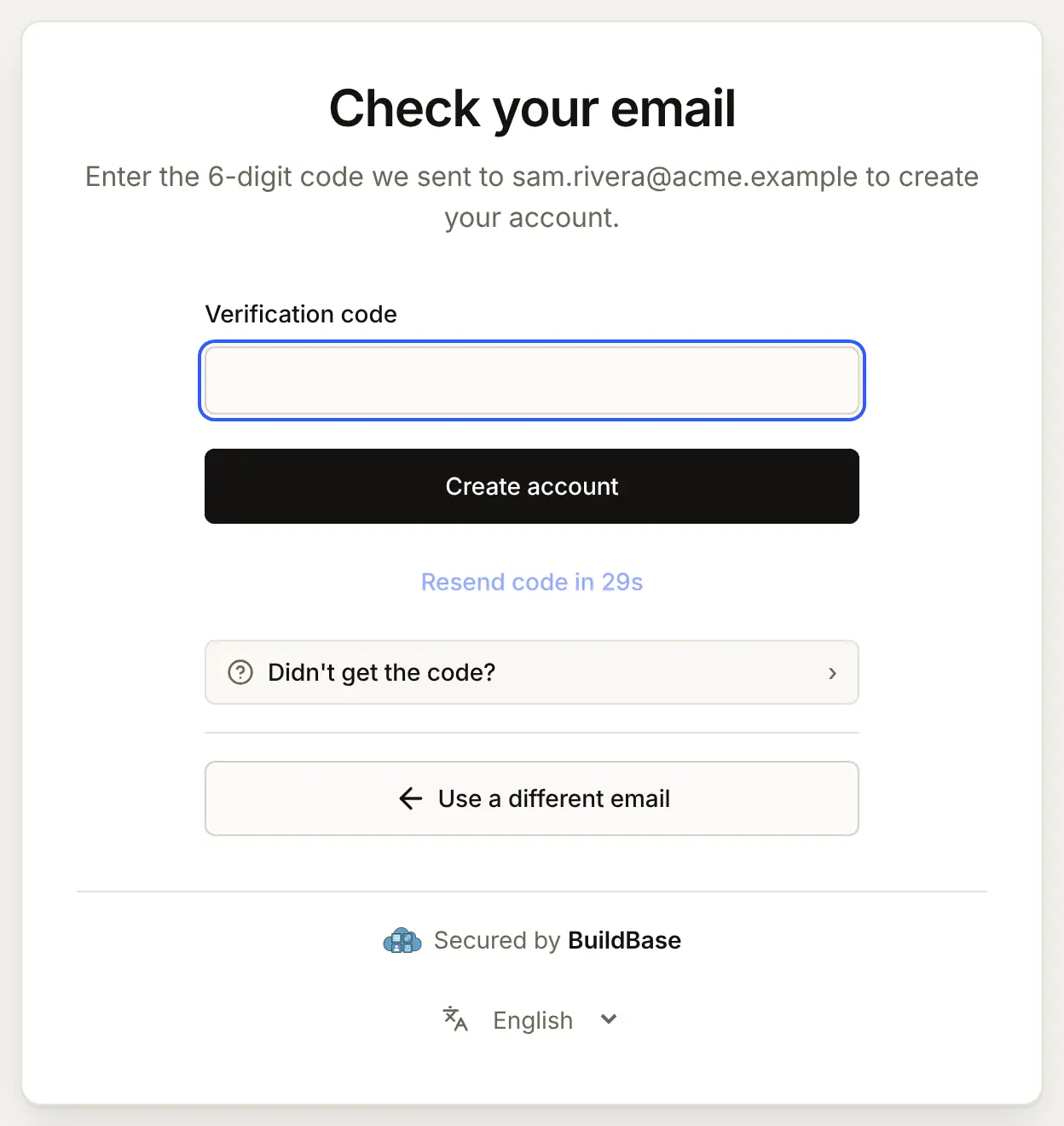 The code screen while signing up: "Enter the 6-digit code we sent to sam.rivera@acme.example to create your account", a Sign-in code box and a Resend code timer