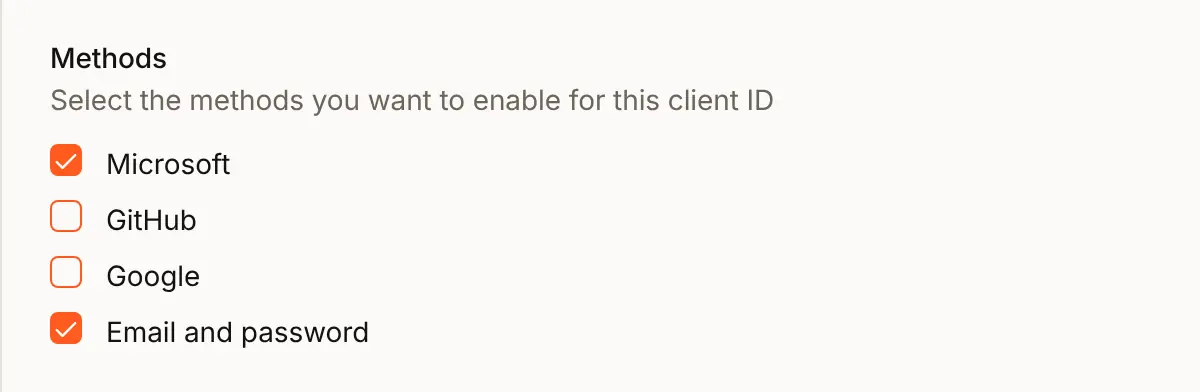 The Edit auth setting sheet for Acme Analytics, at Methods: Microsoft ticked beside Email and password