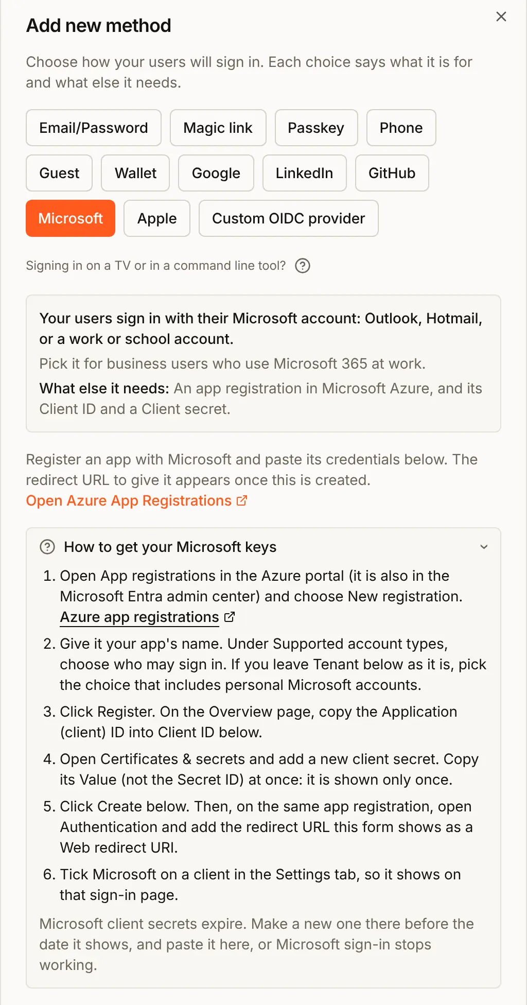 The Add new method dialog with Microsoft chosen, and the open guide How to get your Microsoft keys, ending with a reminder that Microsoft client secrets expire
