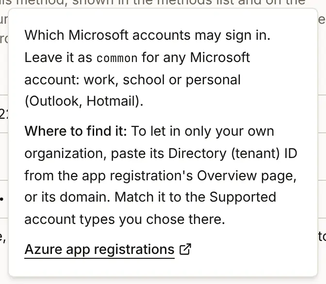 The note behind the question mark beside Tenant: leave it as common for any Microsoft account, or paste your directory ID or domain to let in only your own organization