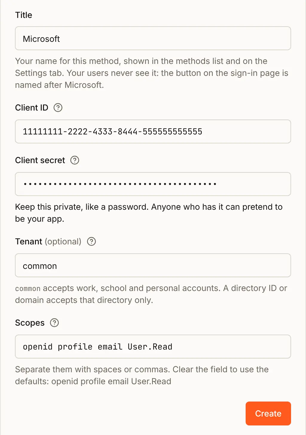 The Microsoft form filled in: Title Microsoft, Client ID 11111111-2222-4333-8444-555555555555, Client secret hidden as dots, Tenant common, and the default scopes openid profile email User.Read