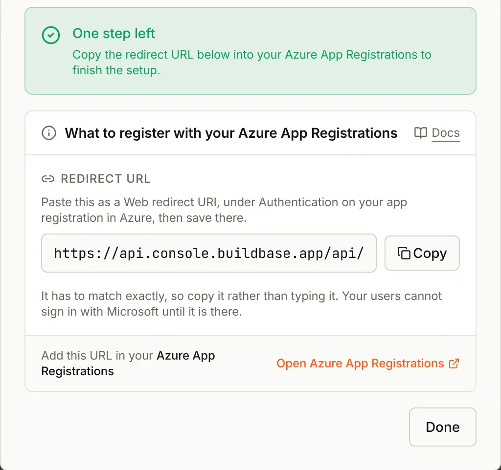 After Create: One step left, and the Redirect URL box with the address to add as a Web redirect URI in Azure