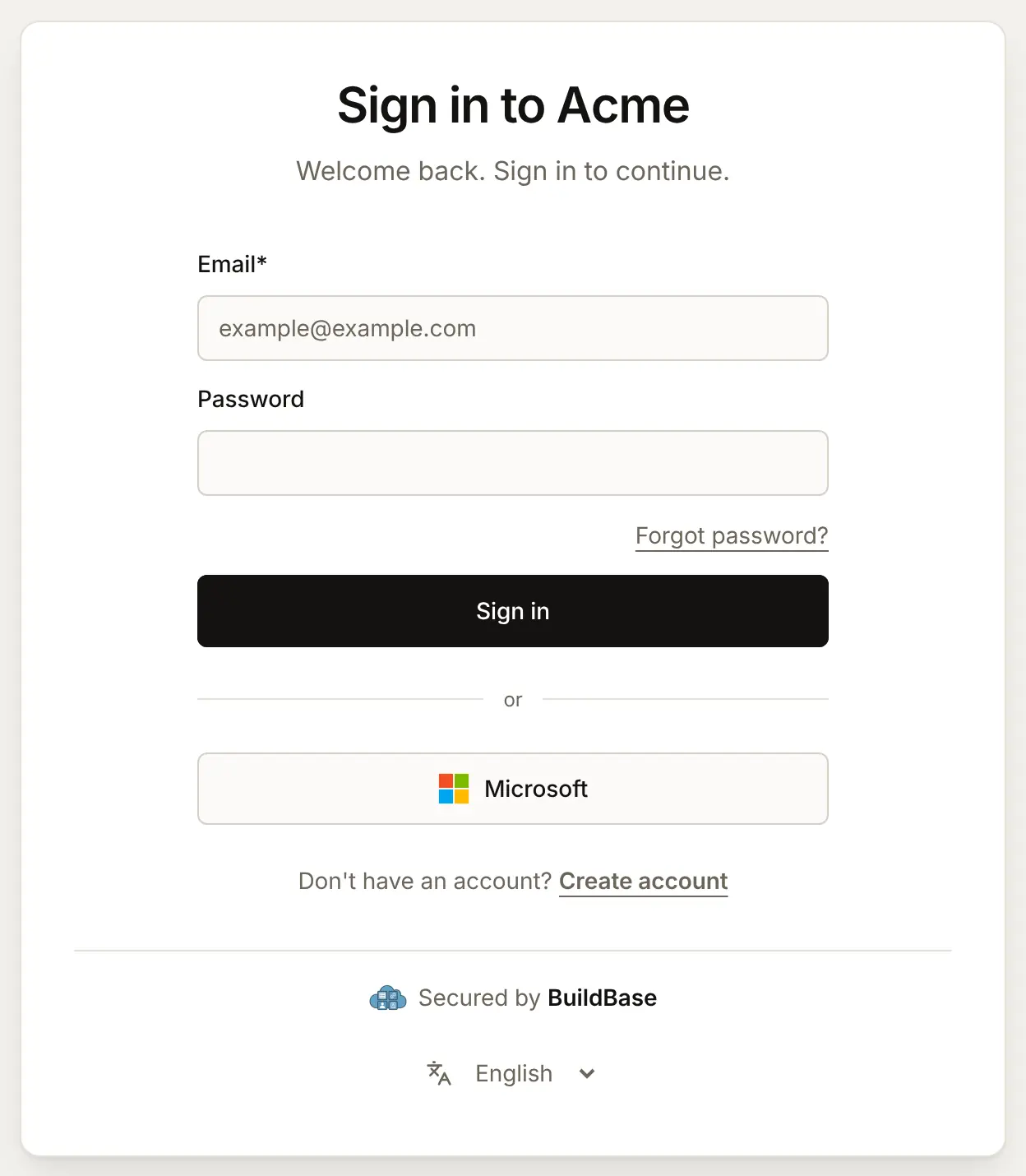 The hosted sign-in page Sign in to Acme, with the email and password form and, under or, a Microsoft button