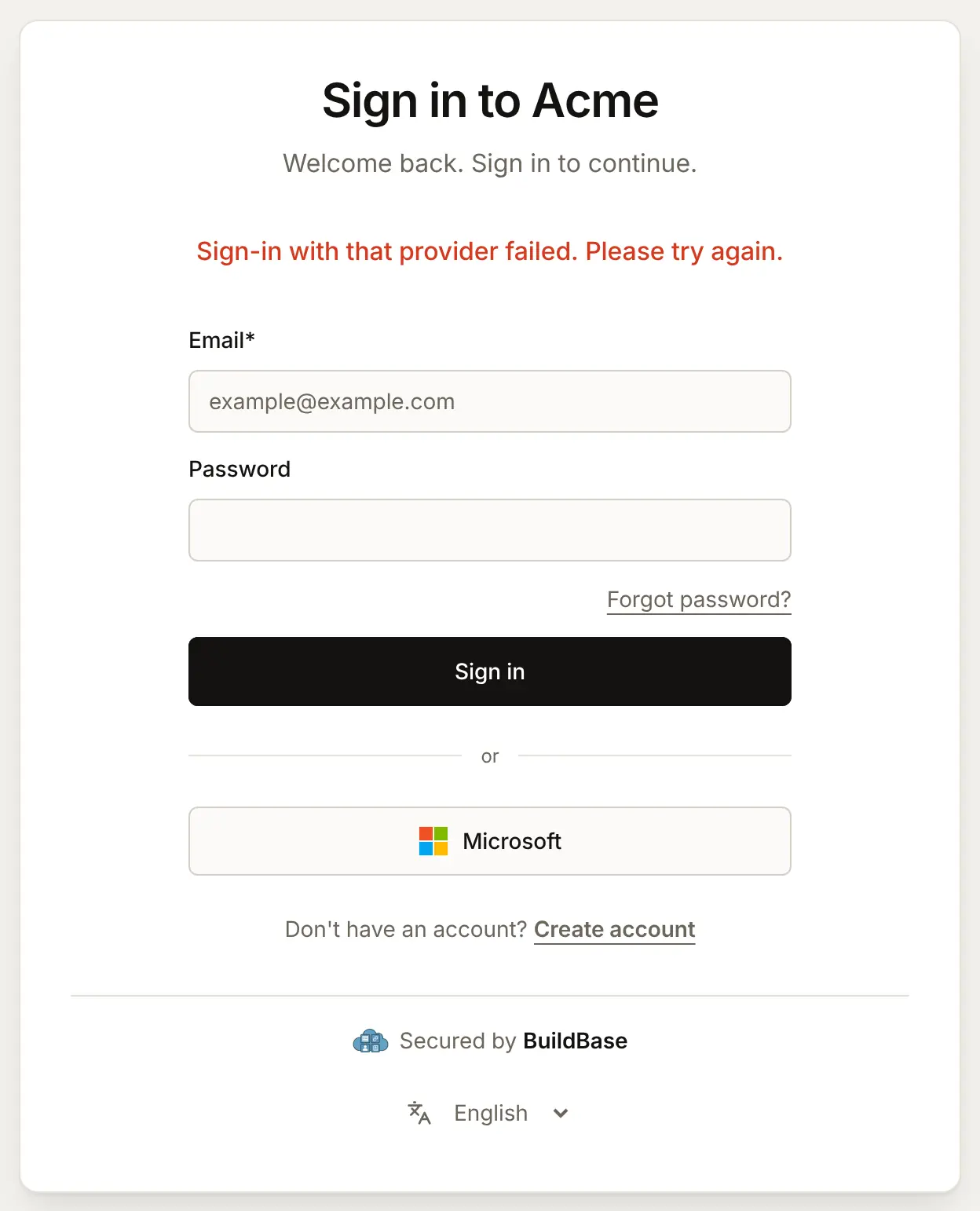 The sign-in page back from Microsoft with the message Sign-in with that provider failed. Please try again. above the form, which is still there to try again