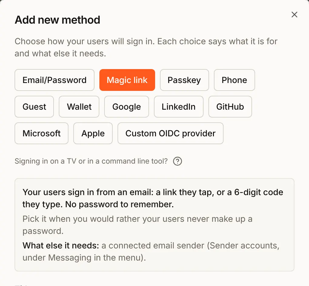 The Add new method dialog: one button per way to sign in (Email/Password, Magic link, Passkey, Phone, Guest, Wallet, Google, LinkedIn, GitHub, Microsoft, Apple and Custom OIDC provider), and under them what the chosen one, Magic link, is for and what else it needs