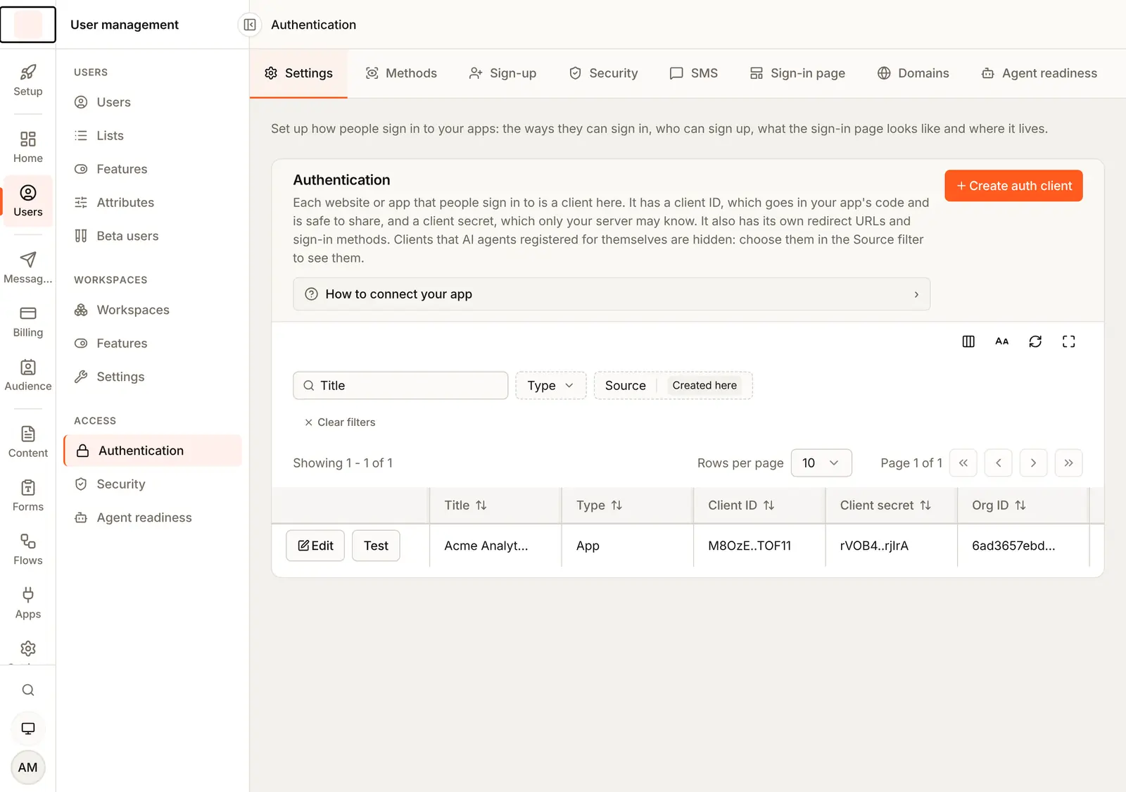 The console with User management open in the menu and Authentication chosen under Access. Tabs across the top read Settings, Methods, Sign-up, Security, SMS, Sign-in page, Domains and Agent readiness, and the Settings tab lists one client, Acme Analytics, with Edit and Test buttons